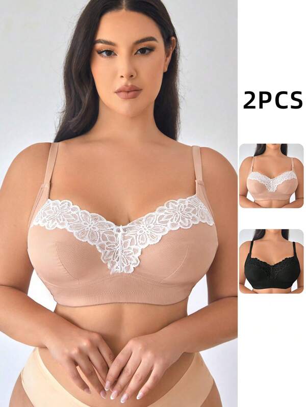 2pcs Plus Size Elegant Lace Spliced Wireless Bra Set