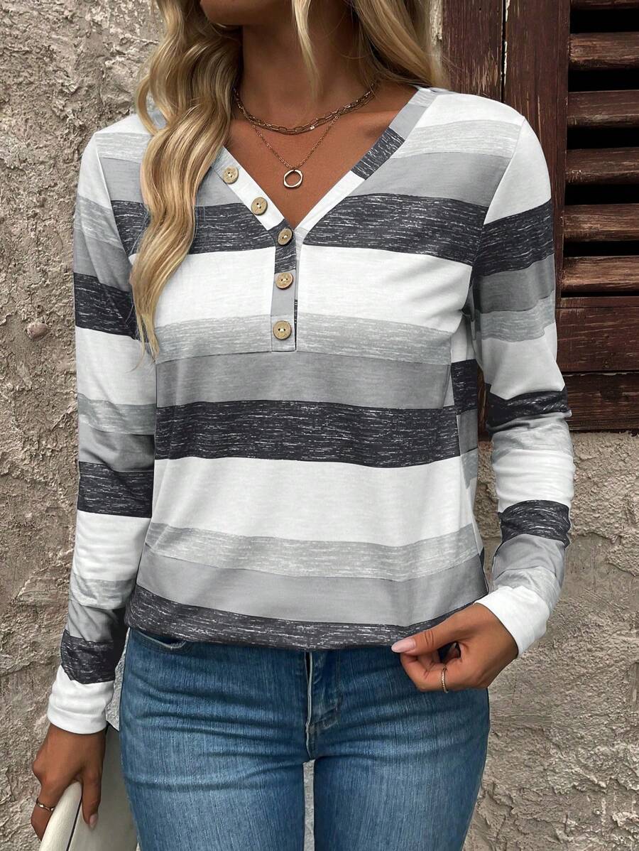 EMERY ROSE Women's Casual V-Neck Button Decor Colorful Striped Long Sleeve T-Shirt Women Tops For Spring - Grey - View 1