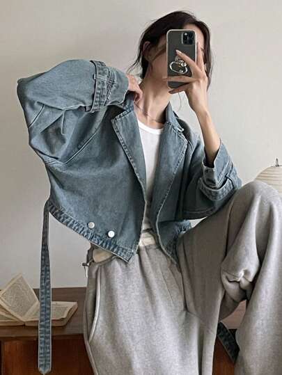 DAZY 女士休闲洗水双排扣短款牛仔夹克，秋季