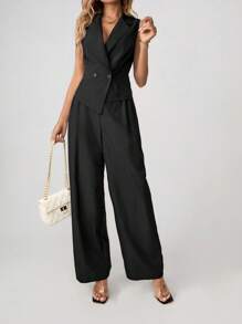 SHEIN Tall Women's Solid Color Double Breasted Simple Vest Pants Office Wear Two Pieces Set Autumn