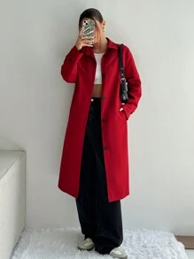 Flirla 女士休闲纯色单排扣长夹克 - 酒紅色 - 查看 4