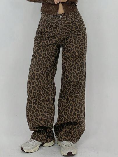 DAZY 女士宽松直筒豹纹牛仔裤