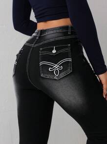 SHEIN Tall Pantalones vaqueros ajustados y acampanados con estiramiento para mujer, pantalones pitillo negros de talle alto, leggings de invierno para mujer, pantalones largos para mujeres altas, pantalones acampanados para mujer, pantalones vaqueros para mujer, vaqueros negros, leggings acampanados, ropa de invierno para mujer