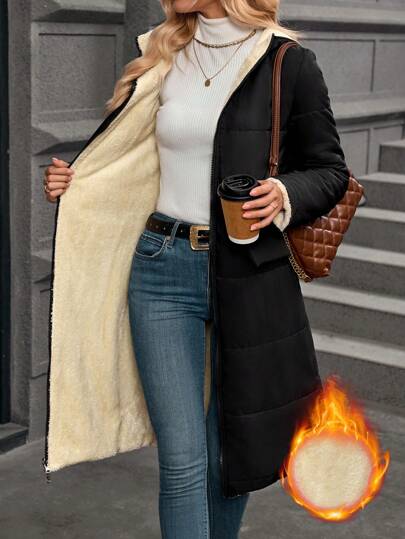 SHEIN Clasi Abrigo acolchado con capucha reversible para mujer con forro de borreguito, ropa de otoño/invierno térmica
