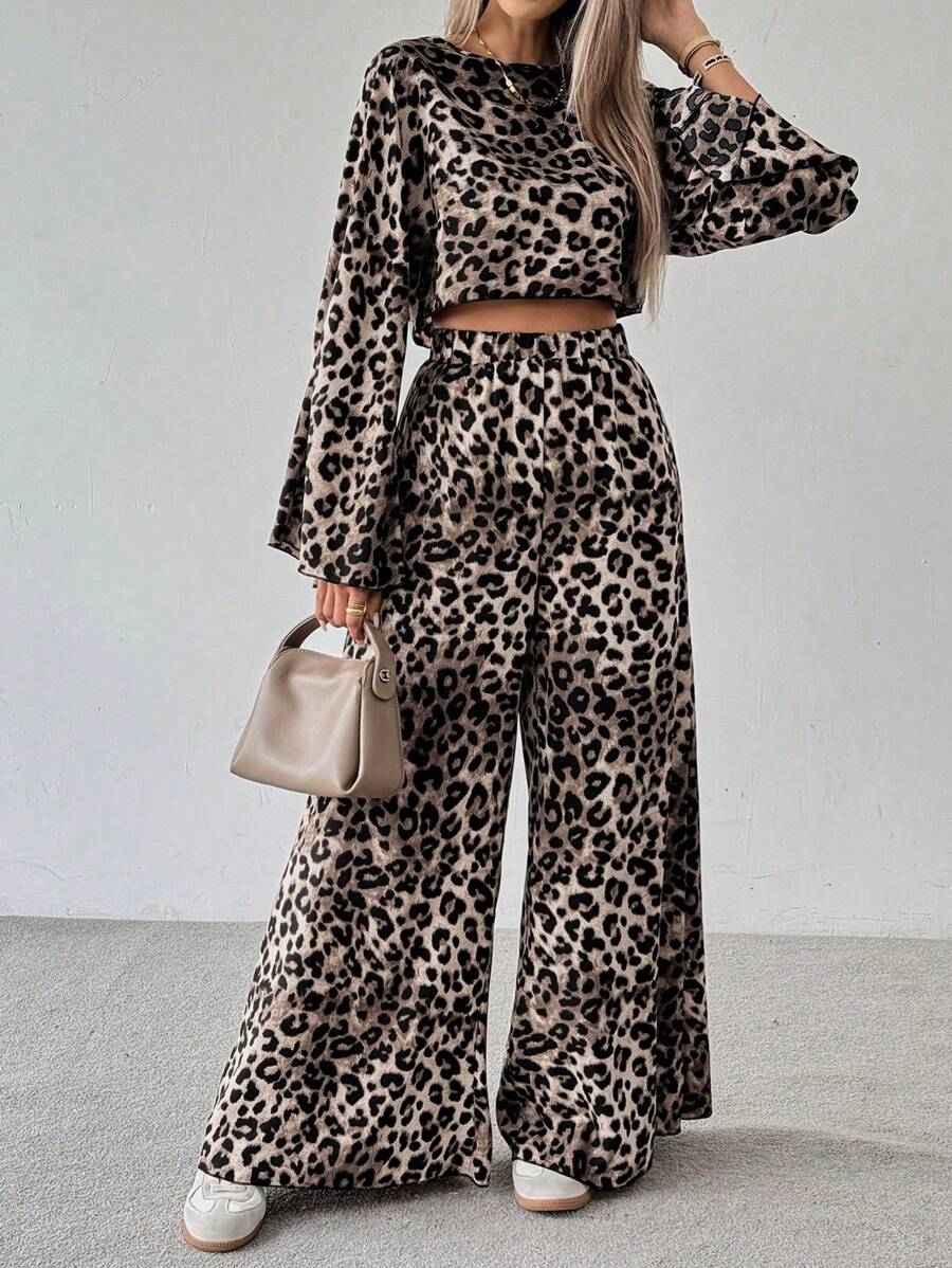 SHEIN LUNE 2 件套女士休闲豹纹短款上衣和宽松阔腿裤套装，秋季 - 咖啡棕 - 查看 1