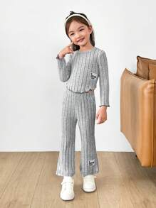 SHEIN Leap Crew Cô Gái Trẻ Dệt kim Màu thuần Vòng cổ Phù hợp Giải trí Áo Và Dệt kim Màu thuần Phù hợp Bùng nổ Quần Bộ - Xám - Xem 5