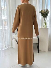 EURMUSE Cardigan Handmade Stitch Pant Knit Set - Beige - View 3