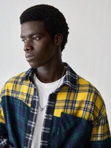 Manfinity VCAY 男士编织时尚休闲格子拼布长袖领衬衫，年轻风格 - 彩色 - 查看 4