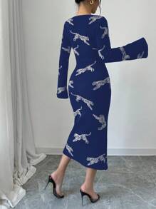 Elenzga Women's Autumn Fashion Leopard Print Long Sleeve Bodycon Sweater Dress Fall Cloth For Women - Blue - View 2