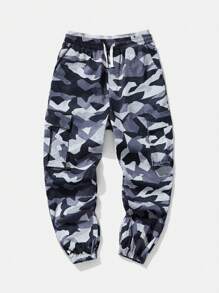 SHEIN 青少年男孩編織迷彩口袋工作褲，附拉繩設計