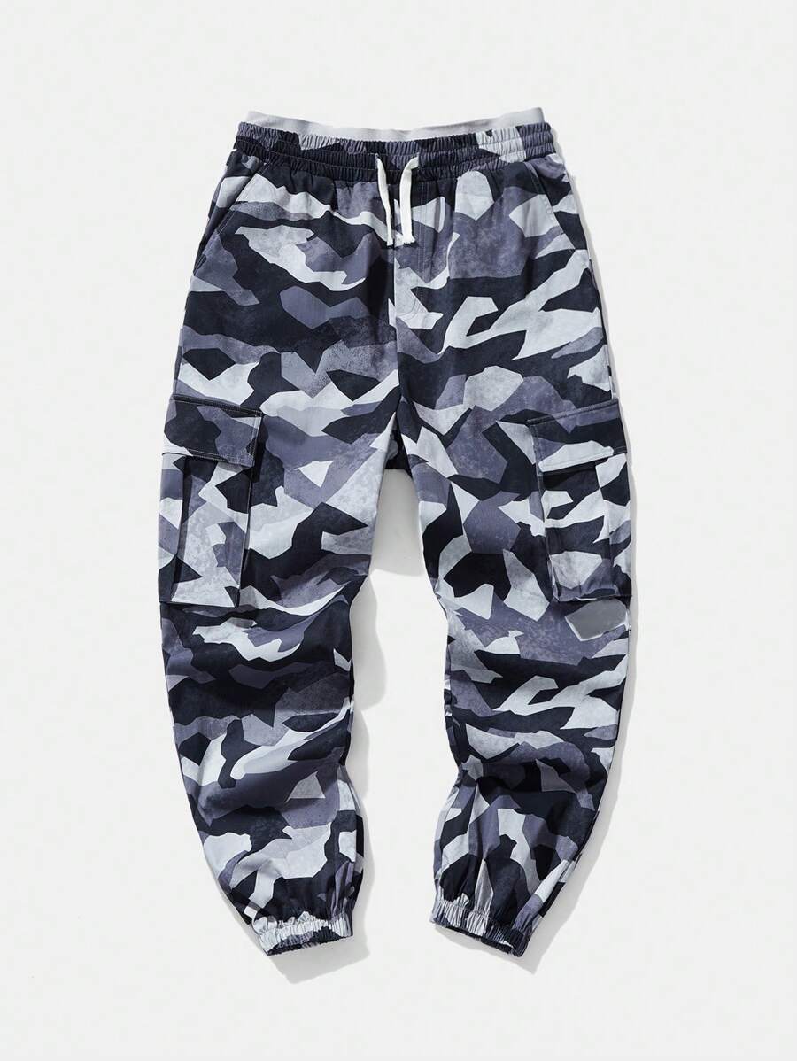 SHEIN 青少年男孩編織迷彩口袋工作褲，附拉繩設計