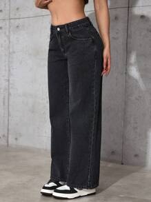 SHEIN PETITE Quần jeans ống đứng đơn giản, màu trơn, túi xéo, thoải mái, phù hợp với mọi hoạt động thường ngày dành cho nữ, mùa xuân thu - màu đen - Xem 7