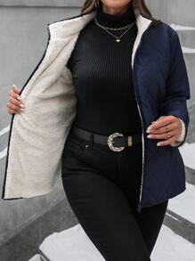 SHEIN LUNE Plus Size Plain Zip Up Front Long Sleeve Casual Jacket, Everyday Wear, For Winter Clothes - Navy Blue - View 4