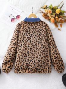 SHEIN 少女时尚休闲豹纹毛绒夹克 - 棕色 - 查看 2