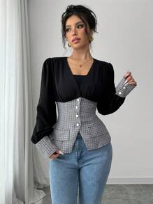 Elenzga Camicia elegante stile pendolare autunnale con vita a quadri - nero - Visualizzare 4