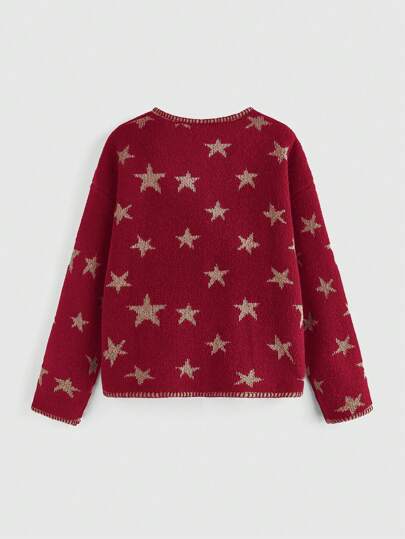 Hippie Autumn/Winter Casual Star Jacquard Double Pocket Button Front Cardigan