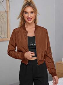 SHEIN Essnce Casual Ribbed Patchwork Zipper Short Jacket, Autumn