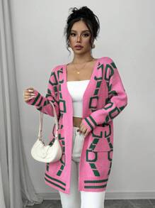 Chiquease Cárdigán casual de mujer con bolsillo y estampado de letras por parches
