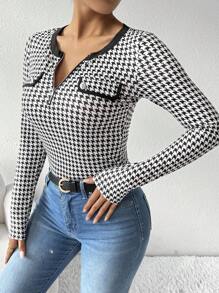 Chiquease Áo thun dài tay họa tiết răng sói thanh lịch quyến rũ dành cho nữ - Đen và trắng - Xem 5