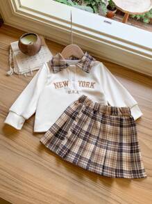 Baby Girls 4-Seasons Fitted Active Sweatshirt Top And Plaid Skirt 2Pcs Set For Casual Outfitting, Events And Outings