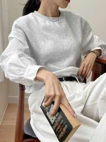 DAZY 女士圆领针织拼布二合一运动衫，秋季服装 - 灰色 - 查看 5