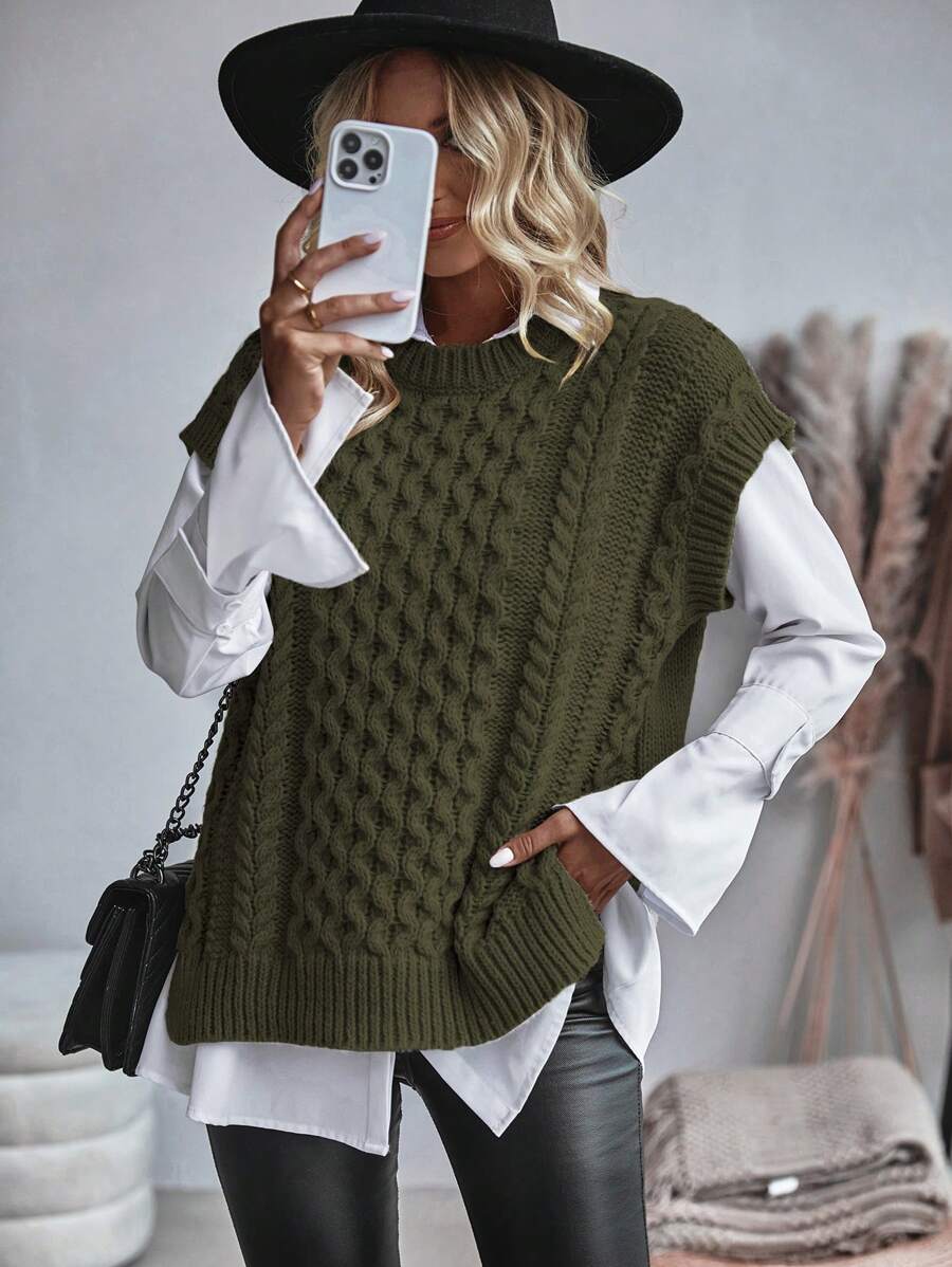 EMERY ROSE Women Casual Solid Color Side Slit Vest Sweater, Autumn - Army Green - View 1
