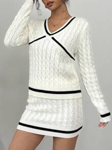 Elenzga 2pcs Women Contrast Color V-Neck Long Sleeve Sweater And Knit Midi Skirt Casual Outfit, Autumn/Winter - White - View 6