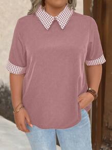 大码女式拼布千鸟格印花领短袖休闲衬衫 - 藕粉色 - 查看 3