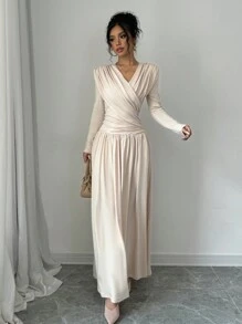 Rafferiza 1 件套长袖 V 领束腰优雅迷人连衣裙长款女装 - 杏色 - 查看 3