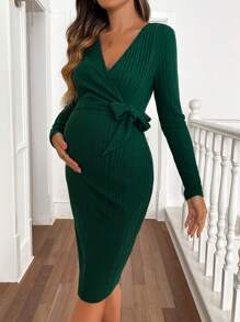 SHEIN 1pc Pregnant Women V-Neck Solid Color Long Sleeve Side Knot Fitted Elegant Dress, Autumn, For Maternity