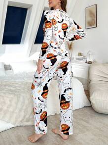 Conjunto de pijama con capucha de manga larga con estampado de calabaza de Halloween, ropa de otoño - Multicolor - Ver 2