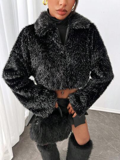 SHEIN SXY 秋季女装；女式复古短款蓬松夹克黑色长袖开衫，简约常规休闲外套，适合日常穿着，冬季加厚保暖皮草大衣镂空服装，感恩节女装新年女装，冬季女式夹克，秋季女装适合派对、约会和返校场合