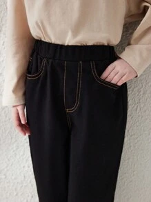 Blossori Young Girl Pockets Elastic Waist Straight Leg Loose Casual Pants - Black - View 4