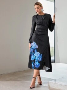 MOTF PREMIUM FLORAL PRINT RUCHED WAIST FLARE HEM DRESS - Multicolor - View 5