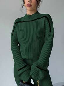 Elenzga Stand Collar Color Block Trim Long Sleeve Sweater Top And Long Pants 2 Pieces Set Fall Winter Cloth For Women