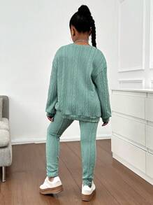 SHEIN 2 stuks Tween Girl Casual Textured Knit Batwing Loose Long Sleeve Top en Legging Set, Grijsgroen, Geschikt voor Herfst/Winter