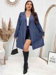 SHEIN LUNE 大码秋季休闲条纹双排扣风衣，商务休闲女装，教师服装，外出服装大码秋装 - 藍白色 - 查看 2