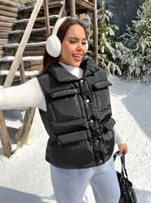 SHEIN EZwear Plus Size Solid Color Front Button Sleeveless Pocket Casual Padded Vest, Women Winter Clothes - Black - View 4