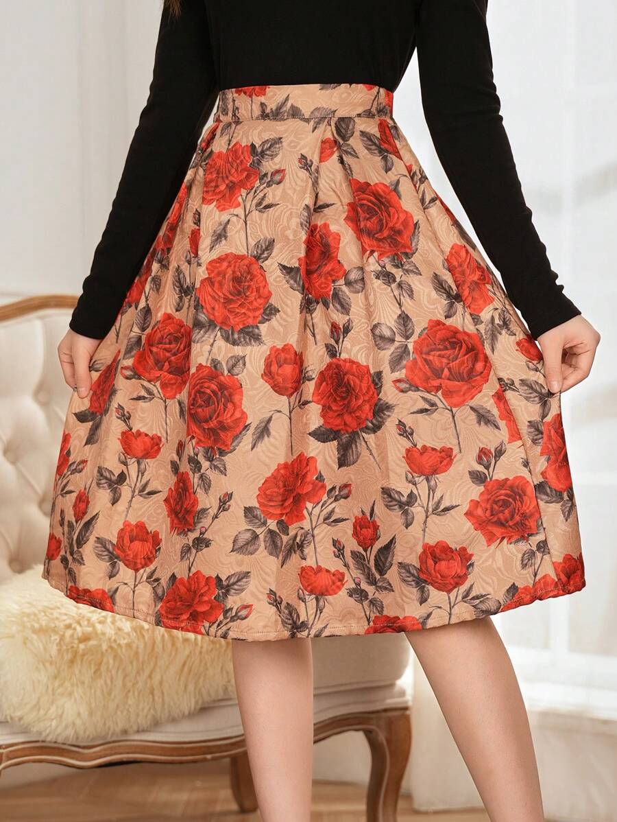 SHEIN Teens/Girls' Casual Elegant Christmas Red Floral Print A-Line Skirt
