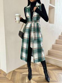 SHEIN Clasi Women's Spring Fall Plaid Lapel Sleeveless Long Casual Woolen Coat - Green - View 1