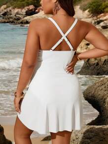 Swim Lushoire 大码女式纯色方领休闲分体泳衣夏季