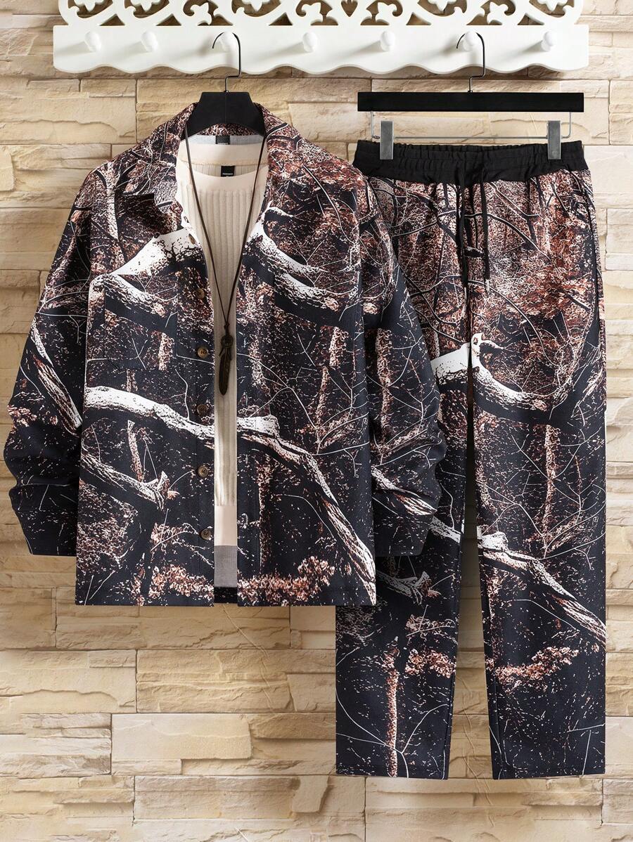Manfinity Homme Setelan Jaket dan Celana Kasual Motif Ranting untuk Pria di Musim Gugur - MultiWarna - View 1