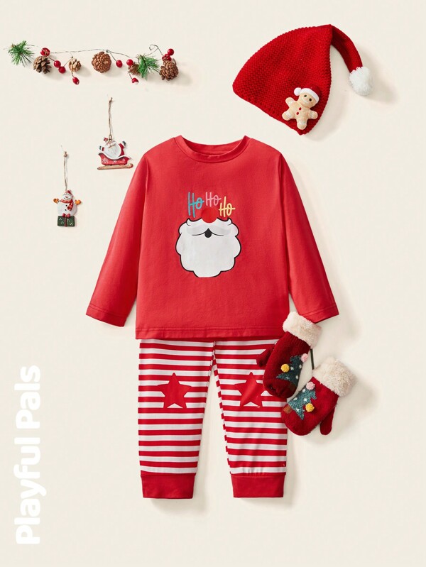 SHEIN 2pcs/Set Cute/Retro/Fun/Cartoon Santa Claus Pattern Long Sleeve Crew Neck Sweatshirt & Pants Suit, Unisex & Suitable For Young Girls And Boys, Christmas, Spring/Autumn/Winter
