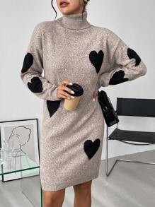 SHEIN Clasi 女士高领长袖心形提花毛衣连衣裙 - 彩色 - 查看 3