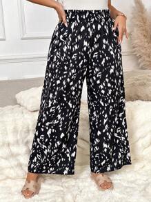 SHEIN Frenchy Plus Size Casual Leopard Print Straight Leg Pants - Black - View 1