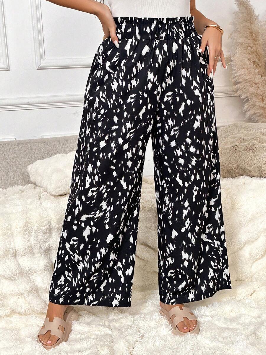 SHEIN Frenchy Plus Size Casual Leopard Print Straight Leg Pants - Black - View 1
