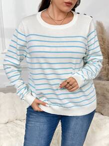 SHEIN Frenchy Plus Size Striped Print Round Neck Long Sleeve Casual Pullover Sweater - Blue and White - View 1