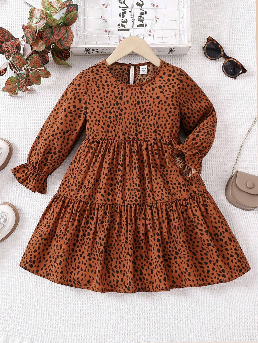 Cute Young Girl Dalmatian Print Flounce Sleeve Ruffle Hem Dress