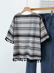 SHEIN LUNE Plus Size Tassel Decor Short Sleeve Striped Casual Loose Jacket