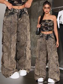 SHEIN 千禧年少女时尚复古水洗低腰褶皱阔腿牛仔裤，秋冬街头风 - 黑色 - 查看 1